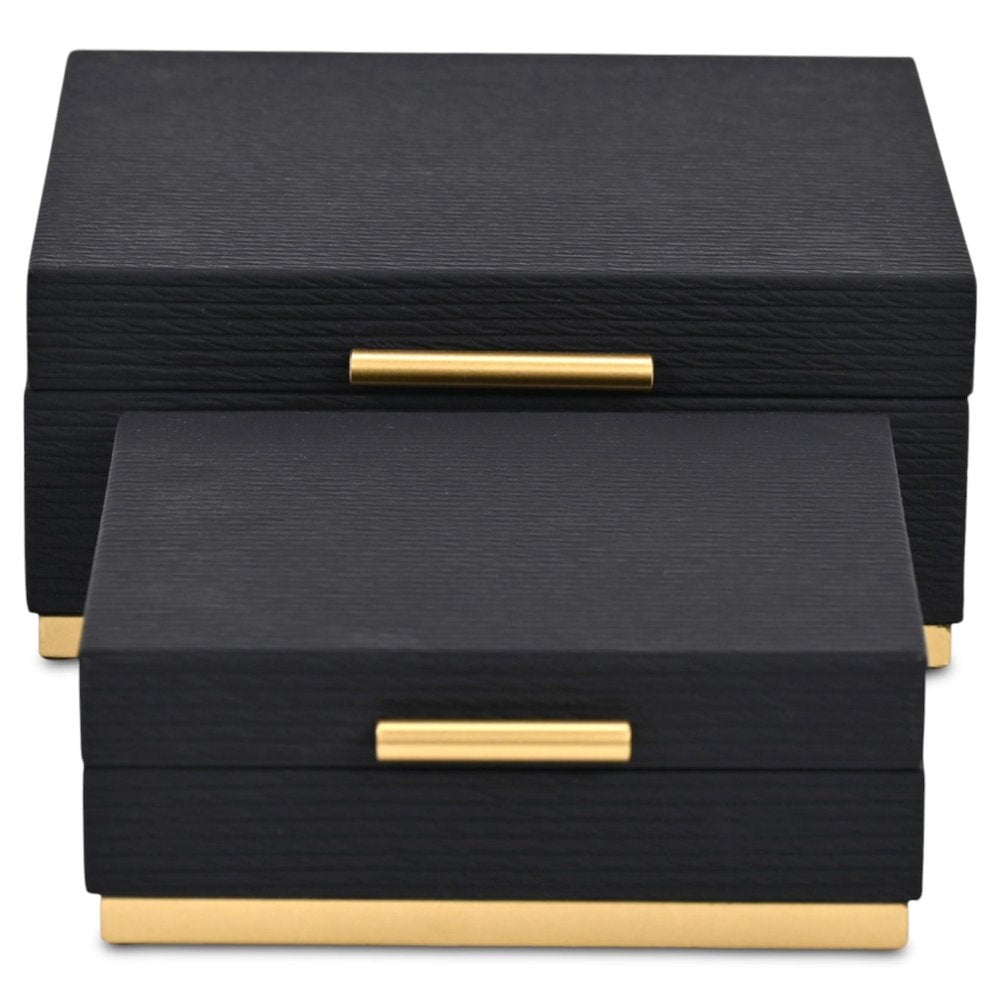 Set of Two Black And Gold Striped Square Nesting Storage Boxes With Lids — view 6