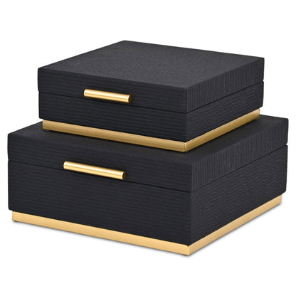 Set of Two Black And Gold Striped Square Nesting Storage Boxes With Lids HomeRoots