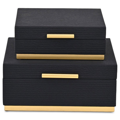 Set of Two Black And Gold Striped Square Nesting Storage Boxes With Lids HomeRoots