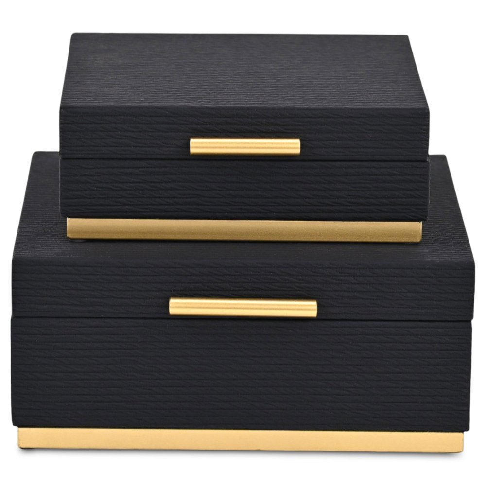 Set of Two Black And Gold Striped Square Nesting Storage Boxes With Lids — view 3