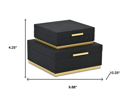 Set of Two Black And Gold Striped Square Nesting Storage Boxes With Lids HomeRoots