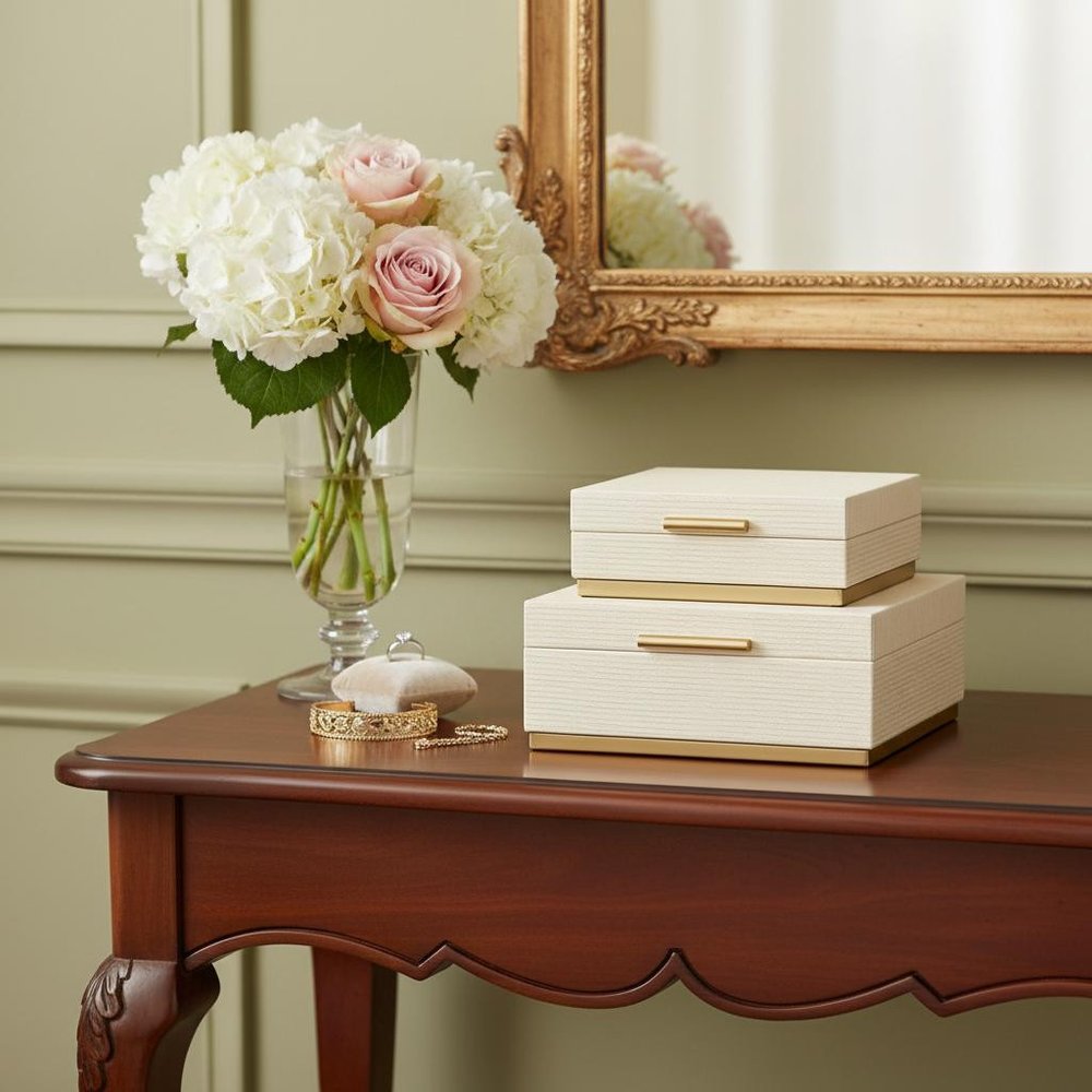 Set of Two Cream And Gold Nesting Wood Box With Lid HomeRoots