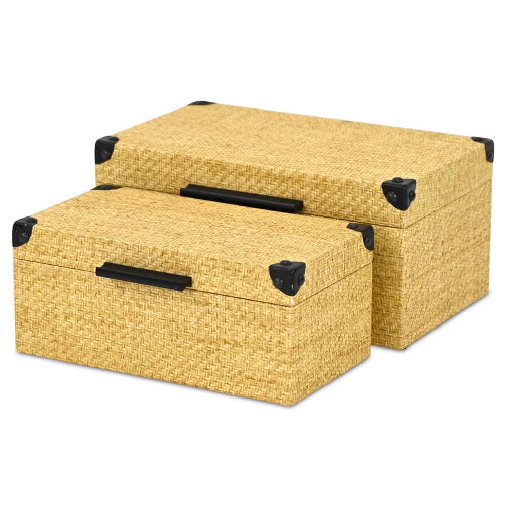 Set of Two Natural And Black Faux Rattan Nesting Storage Boxes With Lids HomeRoots