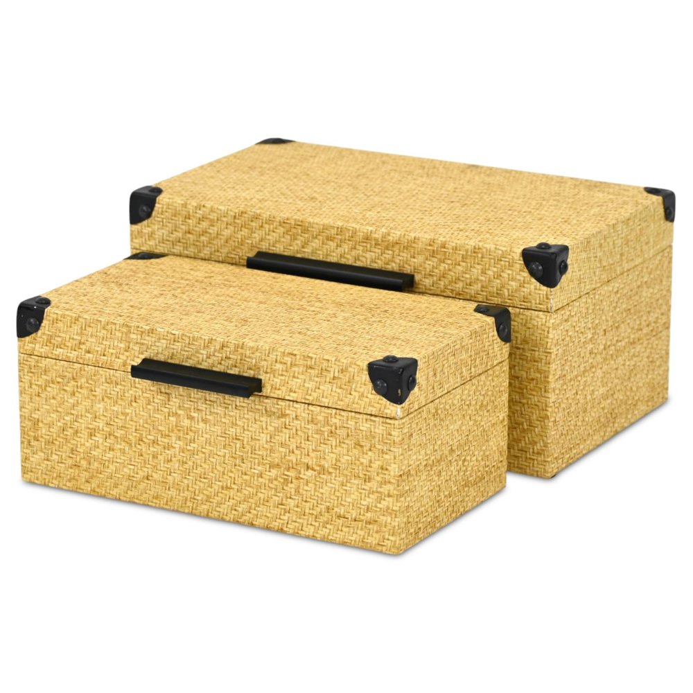Set of Two Natural And Black Faux Rattan Nesting Storage Boxes With Lids HomeRoots
