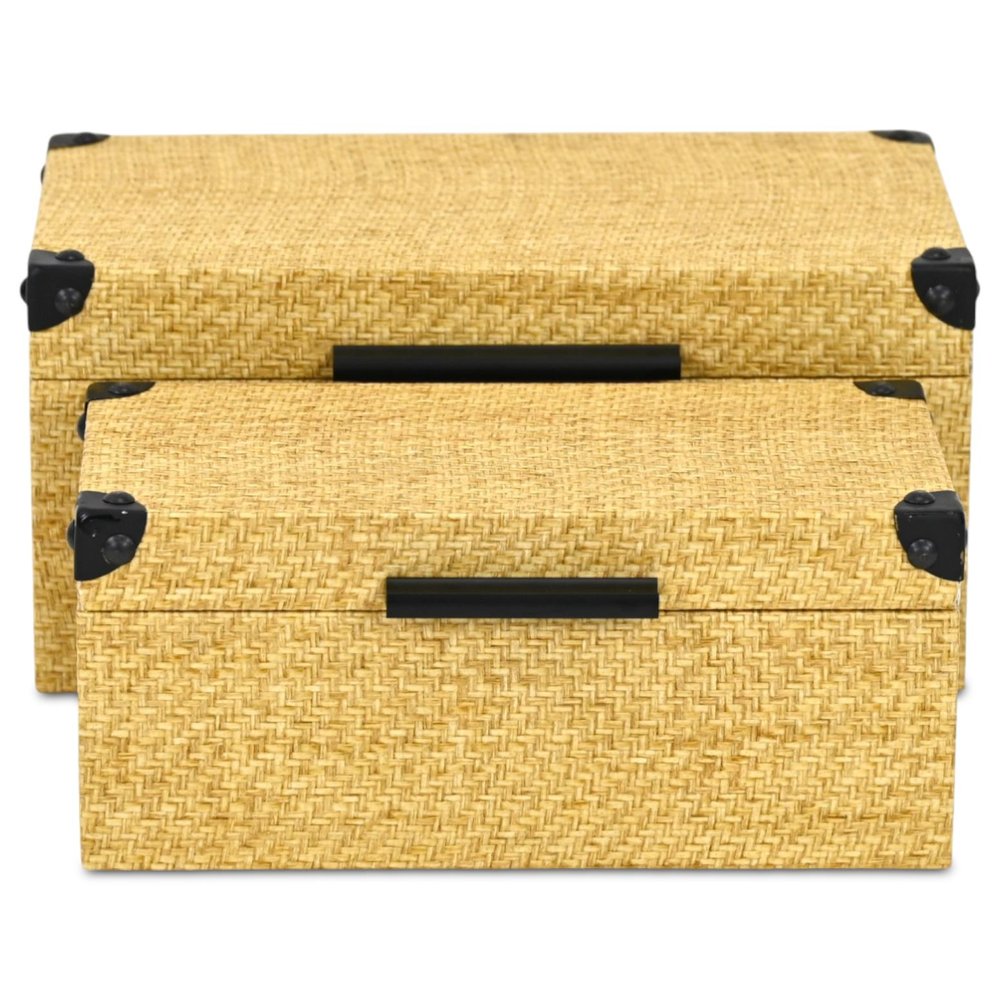 Set of Two Natural And Black Faux Rattan Nesting Storage Boxes With Lids HomeRoots