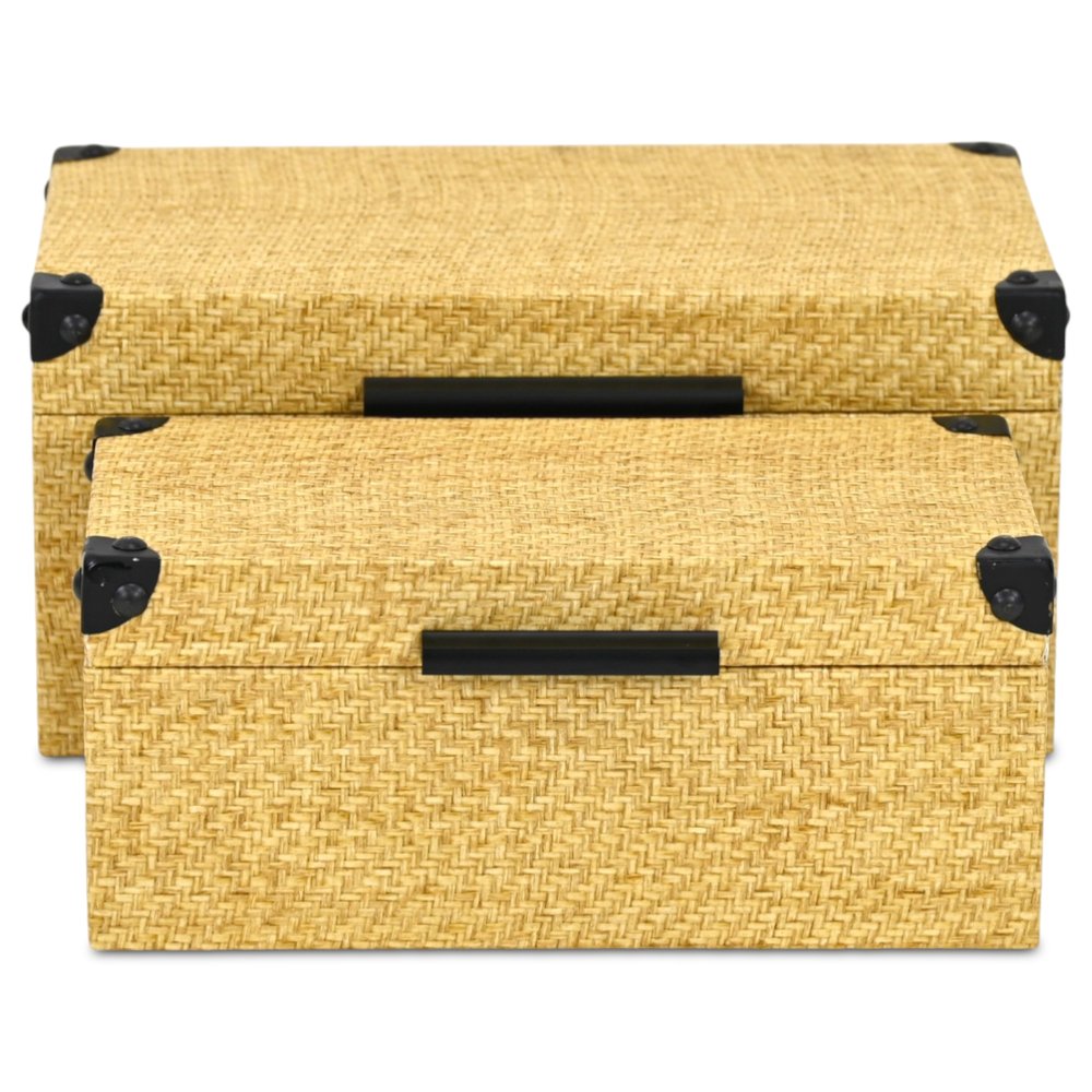 Set of Two Natural And Black Faux Rattan Nesting Storage Boxes With Lids HomeRoots