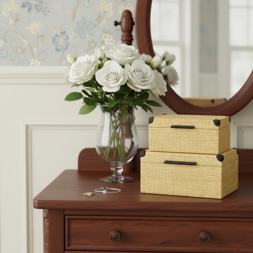 Set of Two Natural And Black Faux Rattan Nesting Storage Boxes With Lids HomeRoots