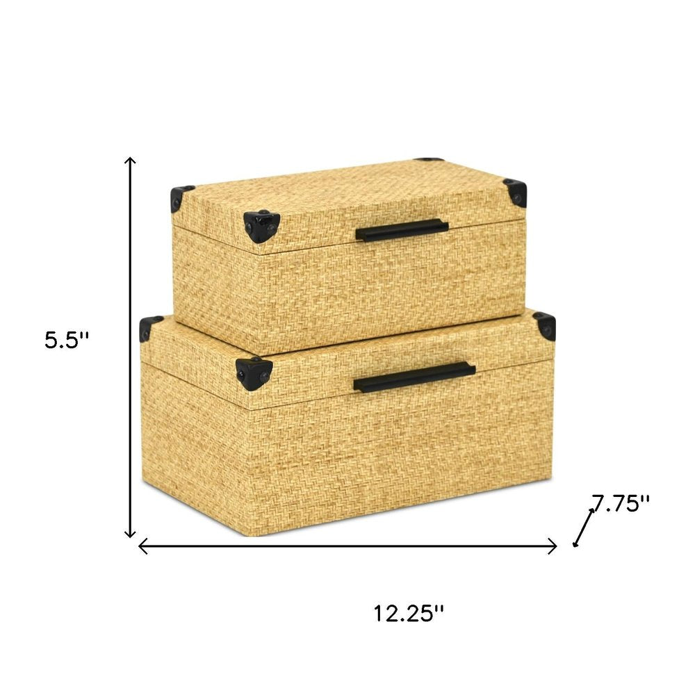 Set of Two Natural And Black Faux Rattan Nesting Storage Boxes With Lids HomeRoots