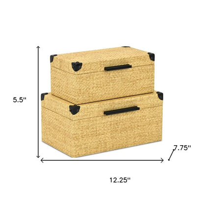 Set of Two Natural And Black Faux Rattan Nesting Storage Boxes With Lids HomeRoots