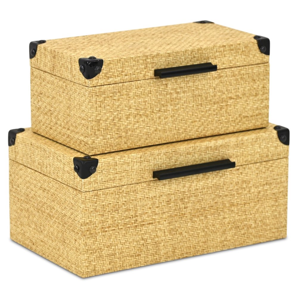 Set of Two Natural And Black Faux Rattan Nesting Storage Boxes With Lids HomeRoots