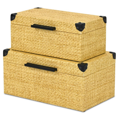 Set of Two Natural And Black Faux Rattan Nesting Storage Boxes With Lids HomeRoots
