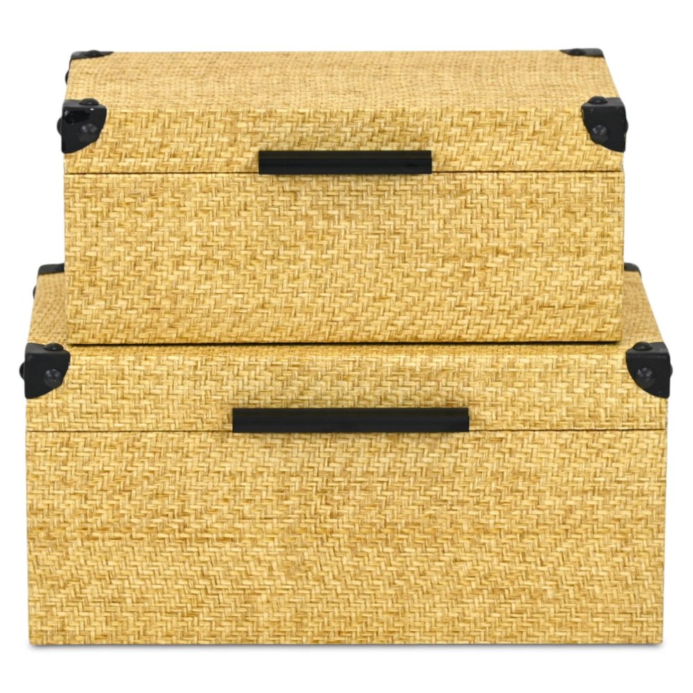 Set of Two Natural And Black Faux Rattan Nesting Storage Boxes With Lids HomeRoots
