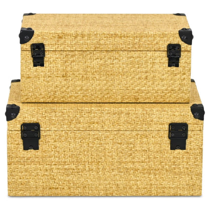 Set of Two Natural And Black Faux Rattan Nesting Storage Boxes With Lids HomeRoots