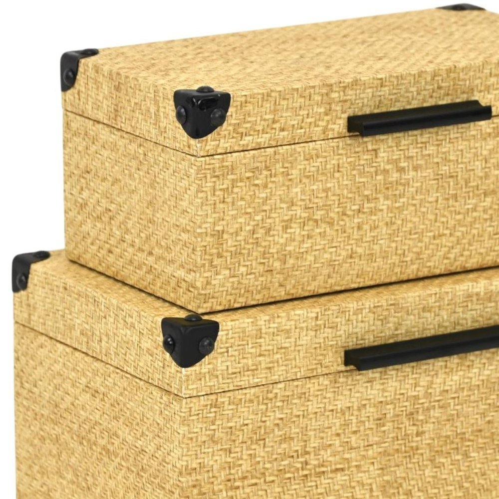 Set of Two Natural And Black Faux Rattan Nesting Storage Boxes With Lids HomeRoots