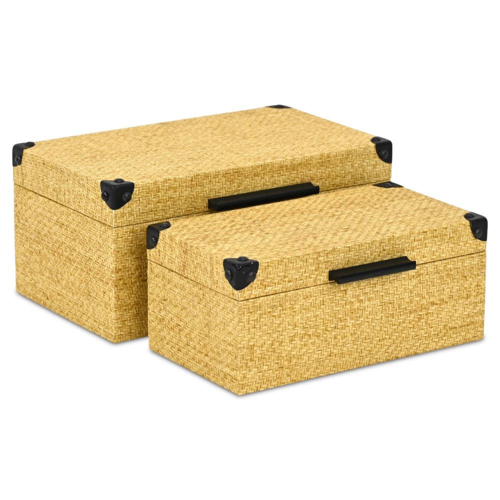 Set of Two Natural And Black Faux Rattan Nesting Storage Boxes With Lids HomeRoots