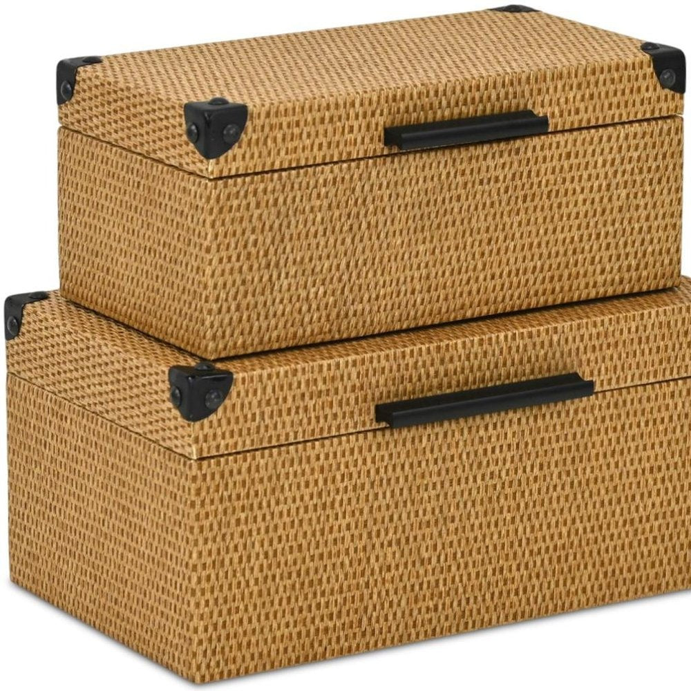 Set of Two Brown And Black Faux Rattan Nesting Storage Boxes With Lids HomeRoots