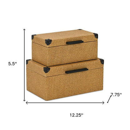 Set of Two Brown And Black Faux Rattan Nesting Storage Boxes With Lids HomeRoots