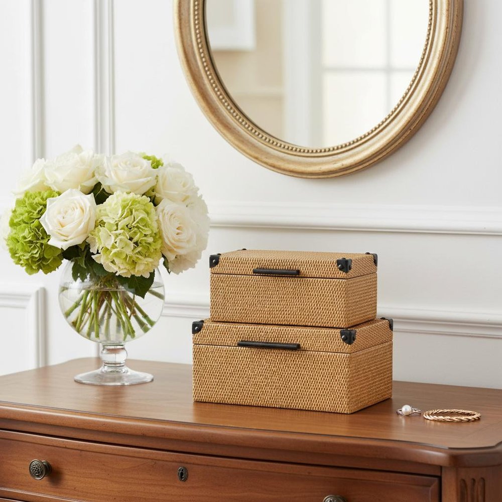Set of Two Brown And Black Faux Rattan Nesting Storage Boxes With Lids HomeRoots
