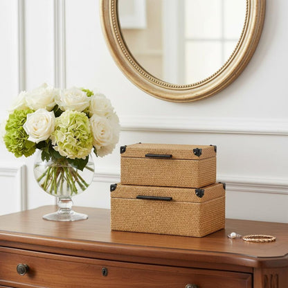 Set of Two Brown And Black Faux Rattan Nesting Storage Boxes With Lids HomeRoots