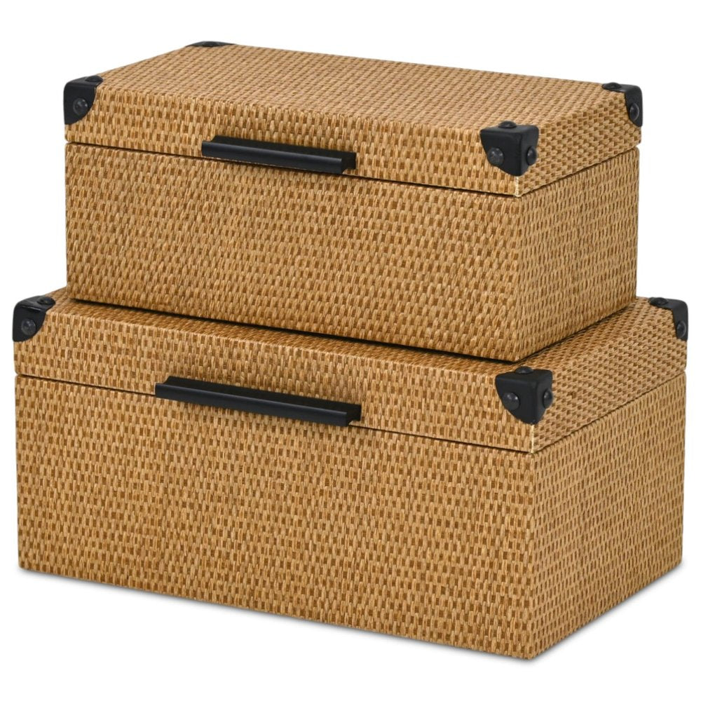Set of Two Brown And Black Faux Rattan Nesting Storage Boxes With Lids HomeRoots