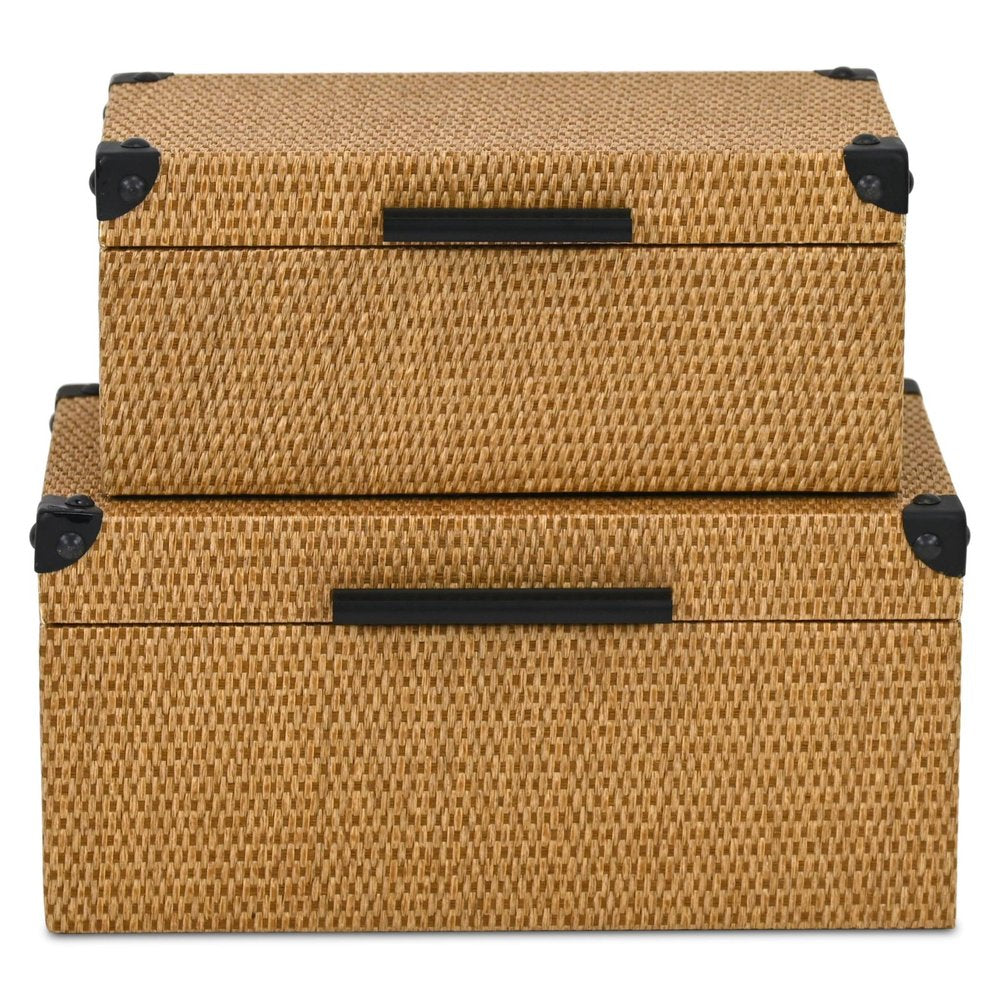 Set of Two Brown And Black Faux Rattan Nesting Storage Boxes With Lids — view 3