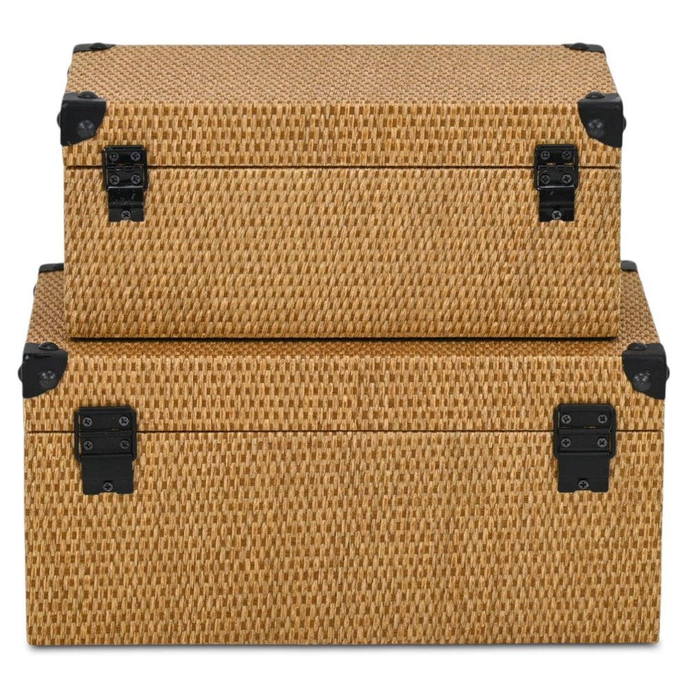Set of Two Brown And Black Faux Rattan Nesting Storage Boxes With Lids HomeRoots
