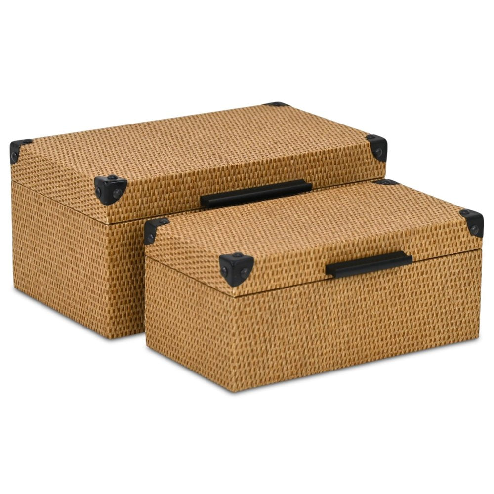 Set of Two Brown And Black Faux Rattan Nesting Storage Boxes With Lids HomeRoots
