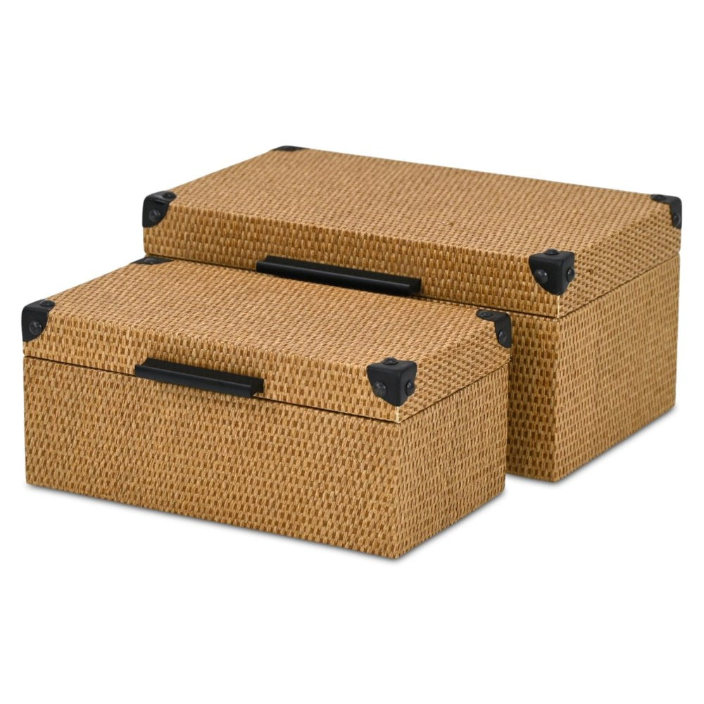Set of Two Brown And Black Faux Rattan Nesting Storage Boxes With Lids HomeRoots