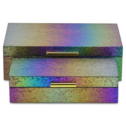 Set of Two Rainbow And Gold Faux Shagreen Nesting Storage Boxes With Lids HomeRoots