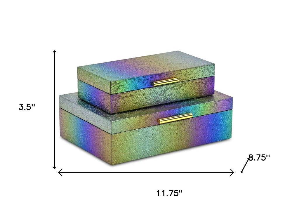 Set of Two Rainbow And Gold Faux Shagreen Nesting Storage Boxes With Lids HomeRoots
