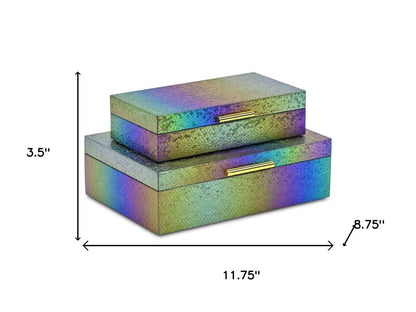 Set of Two Rainbow And Gold Faux Shagreen Nesting Storage Boxes With Lids HomeRoots