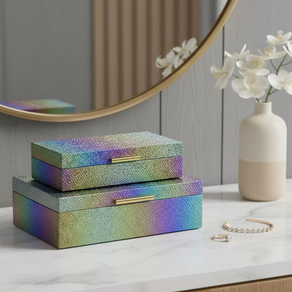 Set of Two Rainbow And Gold Faux Shagreen Nesting Storage Boxes With Lids HomeRoots