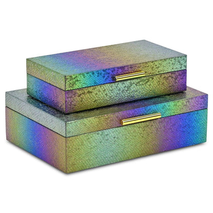Set of Two Rainbow And Gold Faux Shagreen Nesting Storage Boxes With Lids HomeRoots