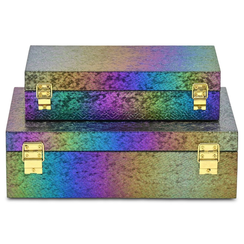 Set of Two Rainbow And Gold Faux Shagreen Nesting Storage Boxes With Lids HomeRoots