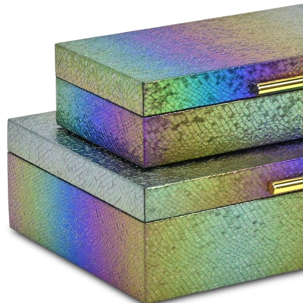 Set of Two Rainbow And Gold Faux Shagreen Nesting Storage Boxes With Lids HomeRoots