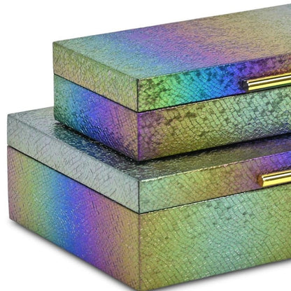 Set of Two Rainbow And Gold Faux Shagreen Nesting Storage Boxes With Lids HomeRoots