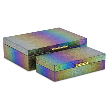 Set of Two Rainbow And Gold Faux Shagreen Nesting Storage Boxes With Lids HomeRoots
