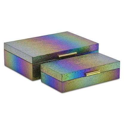 Set of Two Rainbow And Gold Faux Shagreen Nesting Storage Boxes With Lids HomeRoots