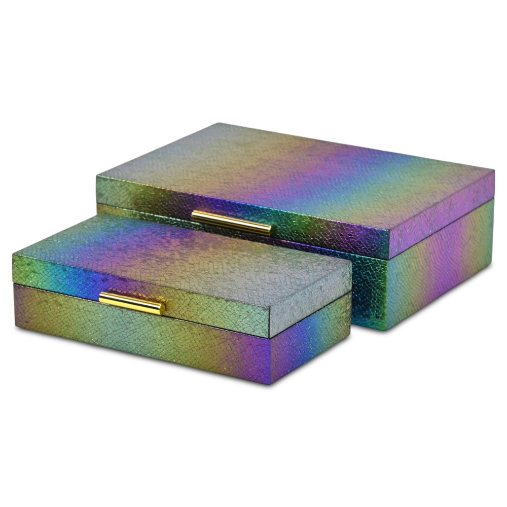 Set of Two Rainbow And Gold Faux Shagreen Nesting Storage Boxes With Lids HomeRoots