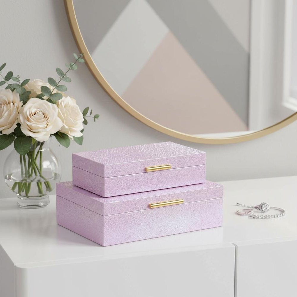 Set of Two Pink And Gold Faux Shagreen Nesting Storage Boxes With Lids HomeRoots