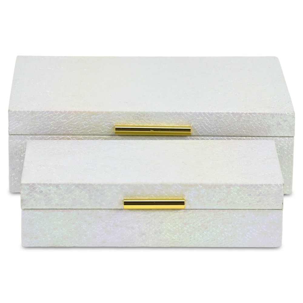 Set of Two White And Gold Faux Shagreen Nesting Storage Boxes With Lids HomeRoots