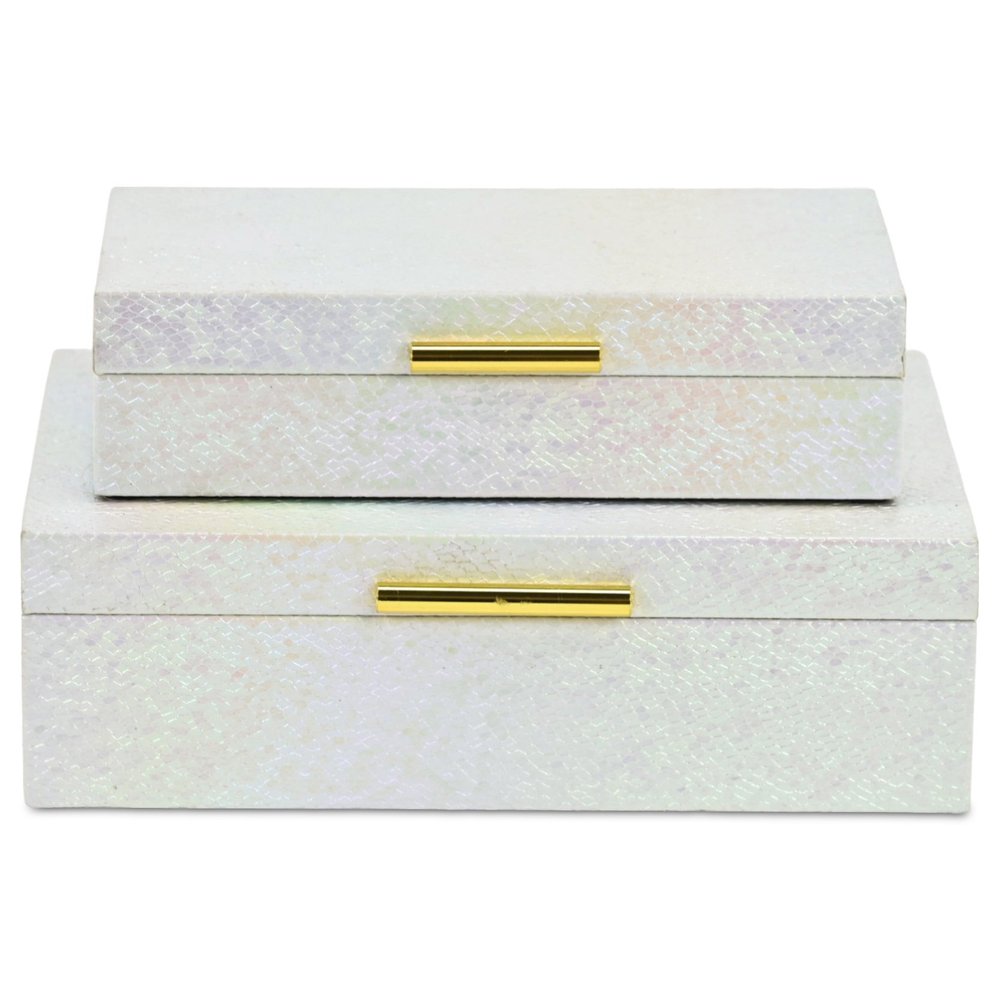 Set of Two White And Gold Faux Shagreen Nesting Storage Boxes With Lids HomeRoots