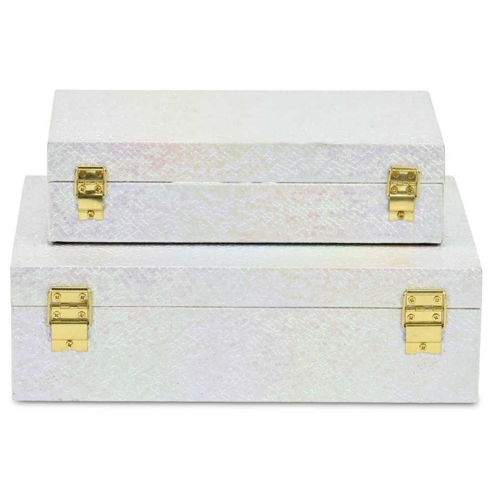 Set of Two White And Gold Faux Shagreen Nesting Storage Boxes With Lids HomeRoots