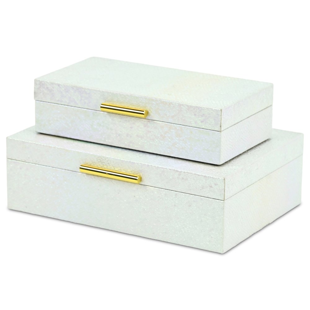 Set of Two White And Gold Faux Shagreen Nesting Storage Boxes With Lids HomeRoots