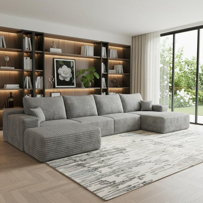 135" Gray Corduroy Modular Universal Sofa With Ottoman And Toss Pillows HomeRoots