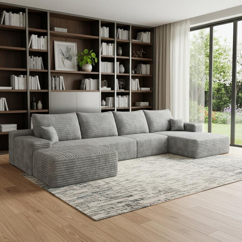 135" Gray Corduroy Modular Universal Sofa With Ottoman And Toss Pillows HomeRoots