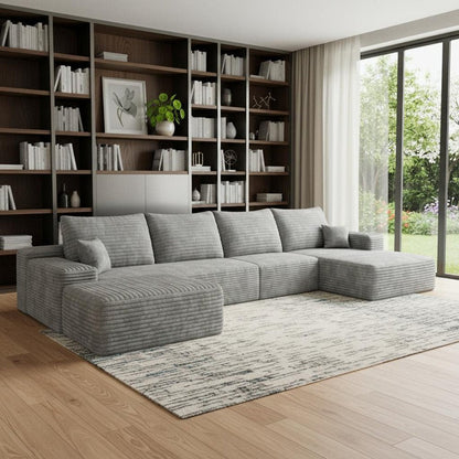 135" Gray Corduroy Modular Universal Sofa With Ottoman And Toss Pillows HomeRoots