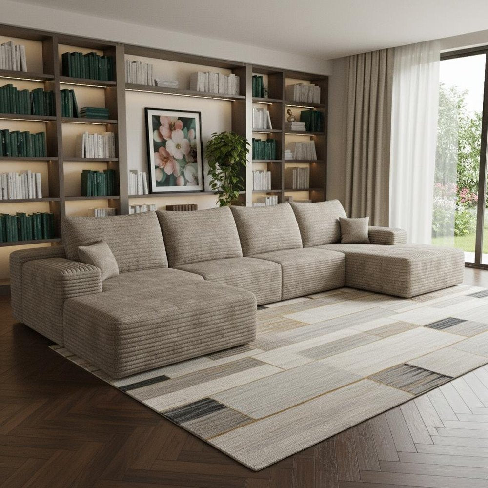135" Camel Corduroy Modular Universal Sofa With Ottoman And Toss Pillows HomeRoots