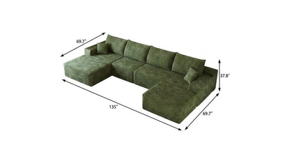 135" Green Corduroy Modular Universal Sofa With Ottoman And Toss Pillows HomeRoots