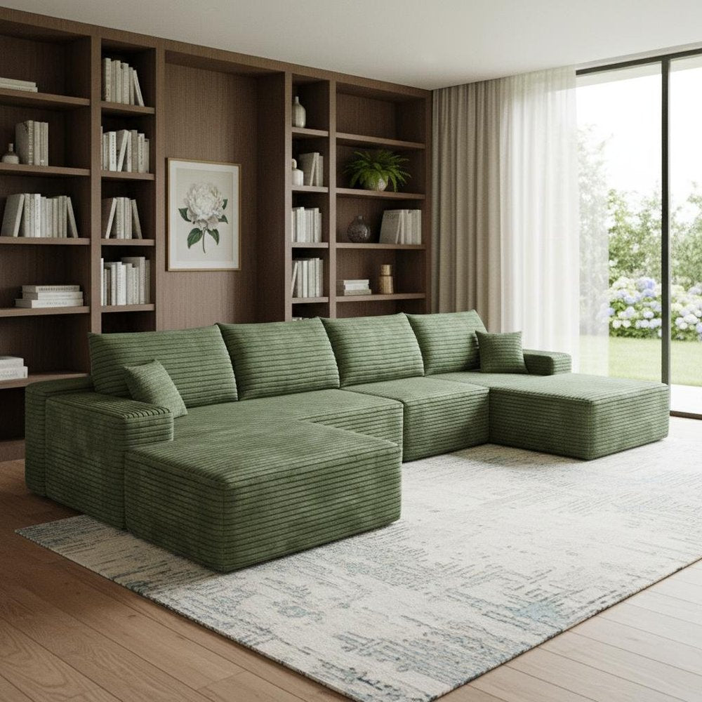 135" Green Corduroy Modular Universal Sofa With Ottoman And Toss Pillows HomeRoots
